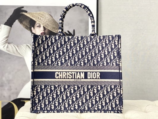 Sac d'épaule marqué bleu de Dior Oblique Embroidery Canvas Navy Christian Book Large