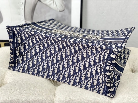 Sac d'épaule marqué bleu de Dior Oblique Embroidery Canvas Navy Christian Book Large