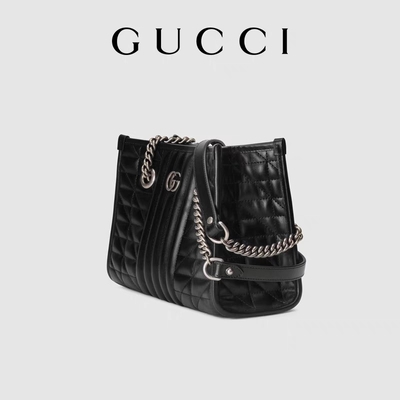 GG marqué fait sur commande Marmont Matelassé moyen Tote Black Leather