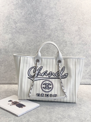 rayure de noir de 30cm 23P Chanel Deauville Tote Bag White Ecru