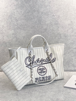 rayure de noir de 30cm 23P Chanel Deauville Tote Bag White Ecru